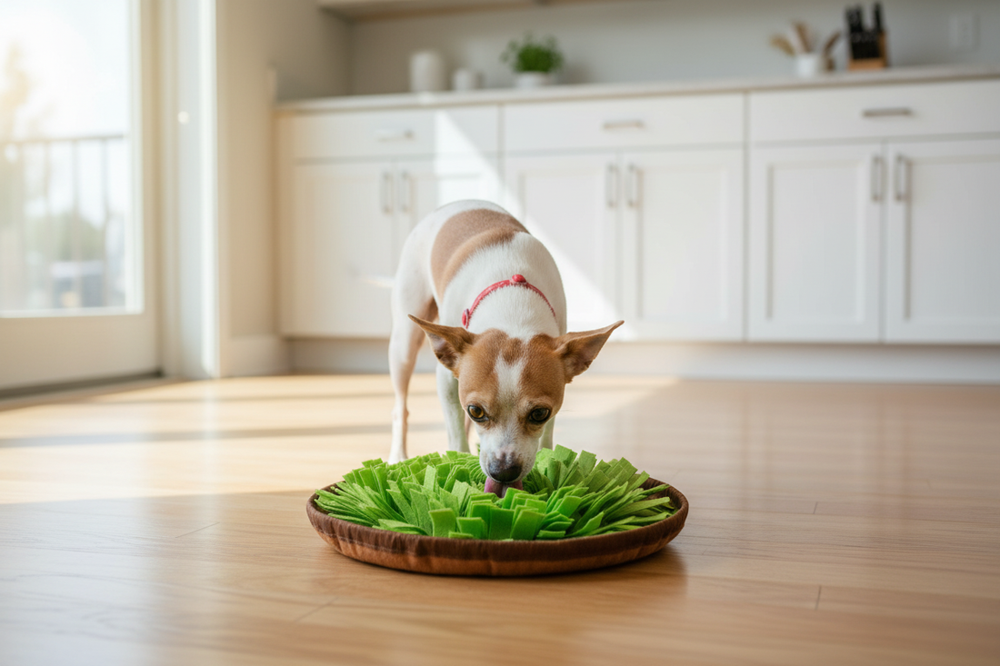 Charlie the dog happily licking the Interactive Pet Snack Feeding Mat
