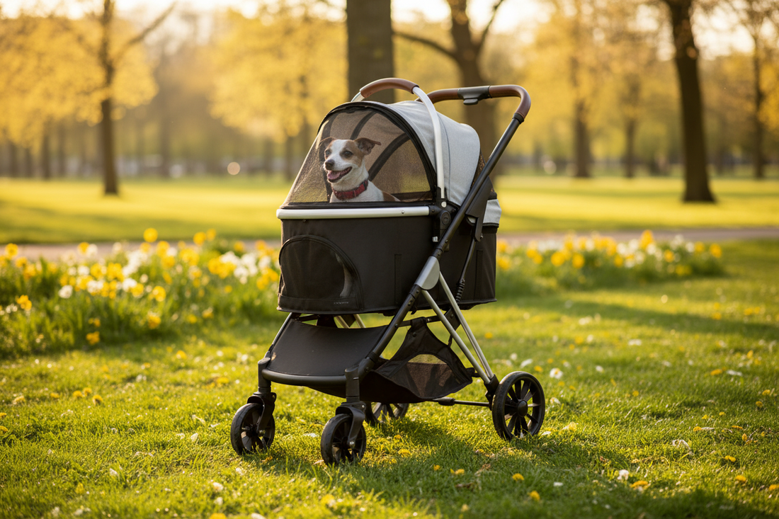 Charlie the dog riding in the PaWz 4 Wheels Pet Stroller in a sunny park