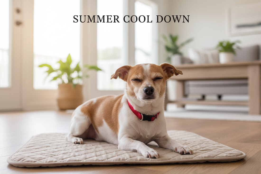 Charlie the dog lying on the Bamboo Bliss Pet Cooling Mat