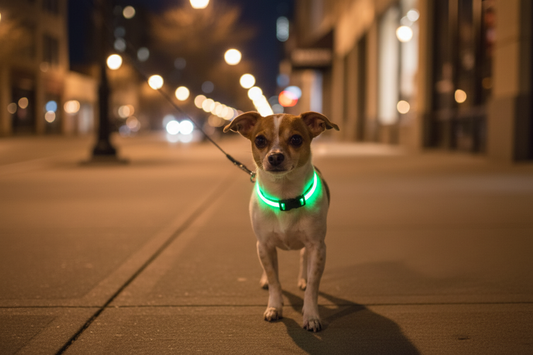 Charlie the dog wearing the Solarpup LED Reflective Collar on an evening walk