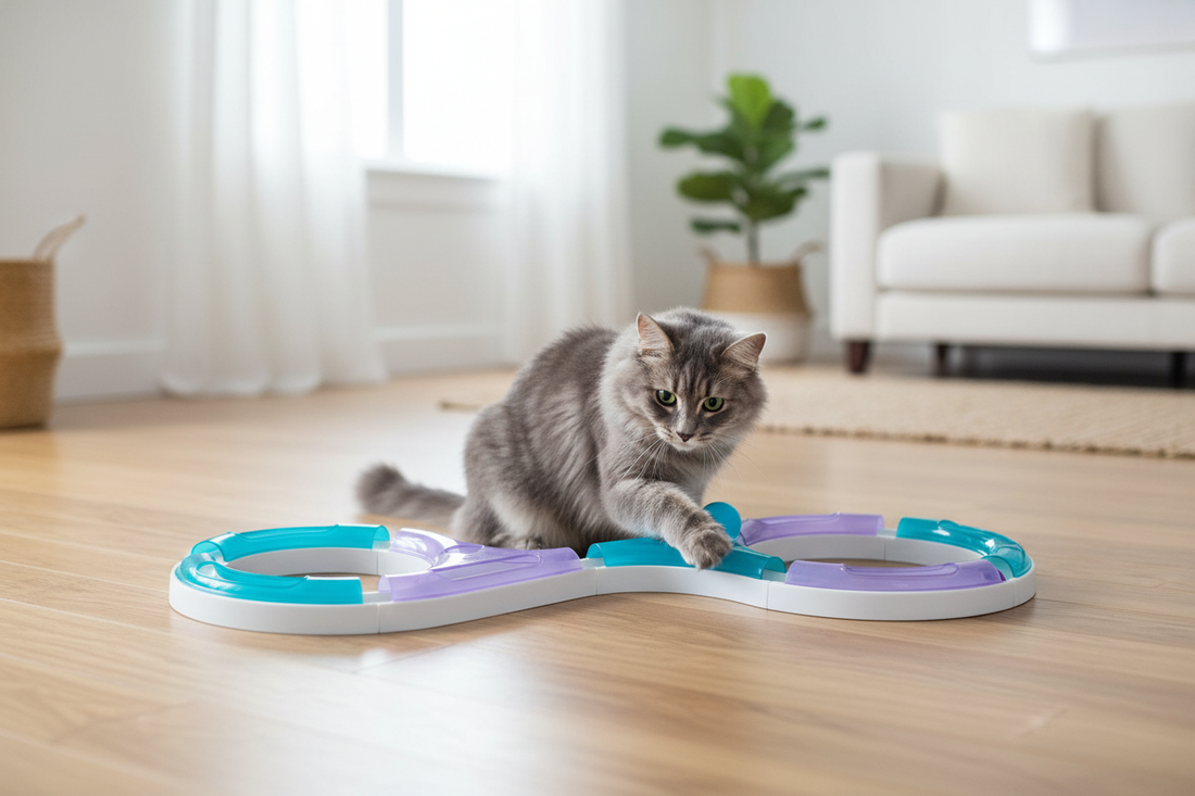 A gray cat playing with the Kat Trax Cat Toy