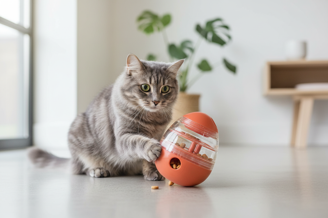 A gray cat playing with the Wobble Egg Treat Dispenser Toy