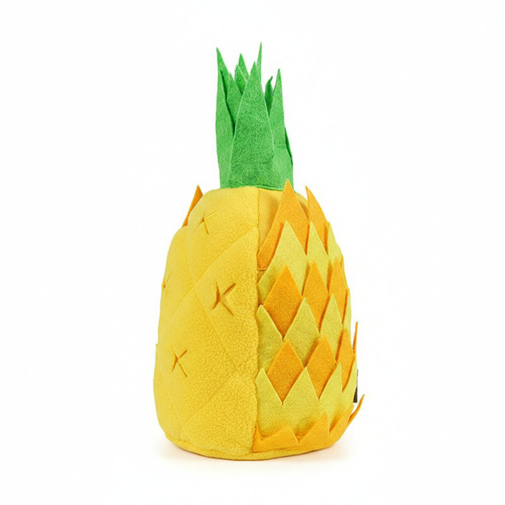 Plush pineapple toy with dimensions on a white background