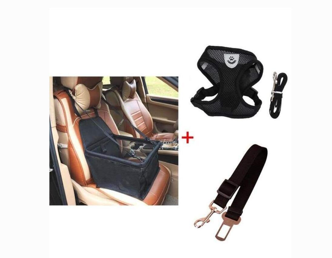 Luxury Pet Travel Accessories Bundle: Car Seat Carrier, Harness & Leash Set, And Car Safety Belt