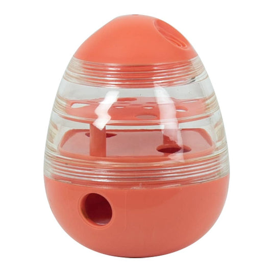 Red and clear egg-shaped container with holes and a circular opening at the bottom.